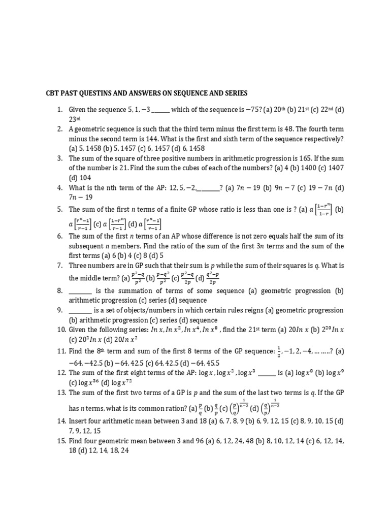 CBT Questions on Sequences & Series | PDF | Summation | Arithmetic