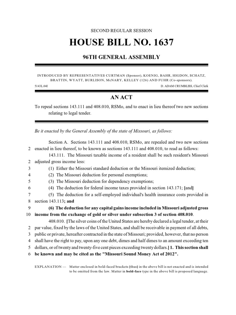Missouri House Bill No. 1637 Legal Tender Tax Deduction