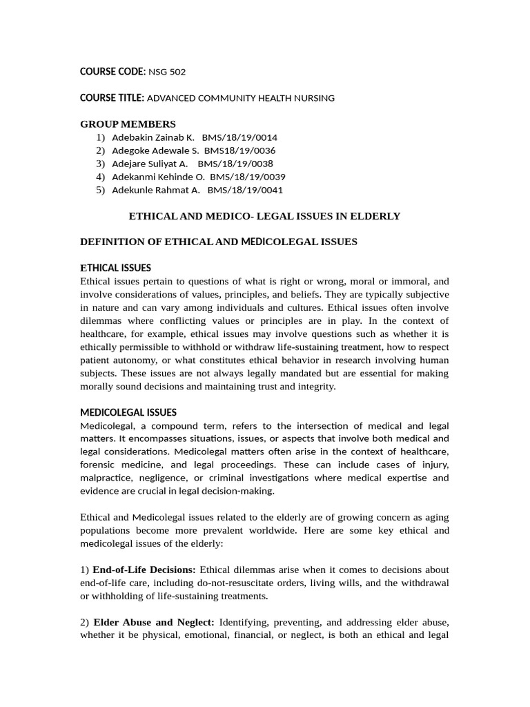 Ethical and Legal Issues in Elder Care | PDF | End Of Life Care ...