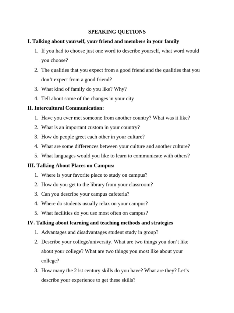SPEAKING QUESTIONS | PDF | Grammar | Vocabulary