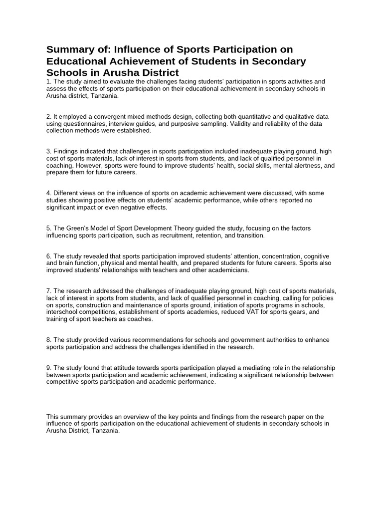 Summary of Influence of Sports Participation on Educational Achievement ...