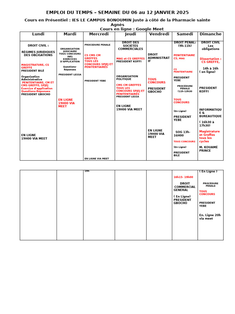 Emploi du temps du 06 au 12 janvier 2025 | PDF