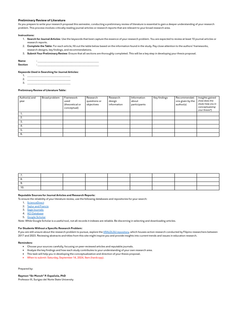 Prelim Review of Literature Task | PDF | Thesis | Science