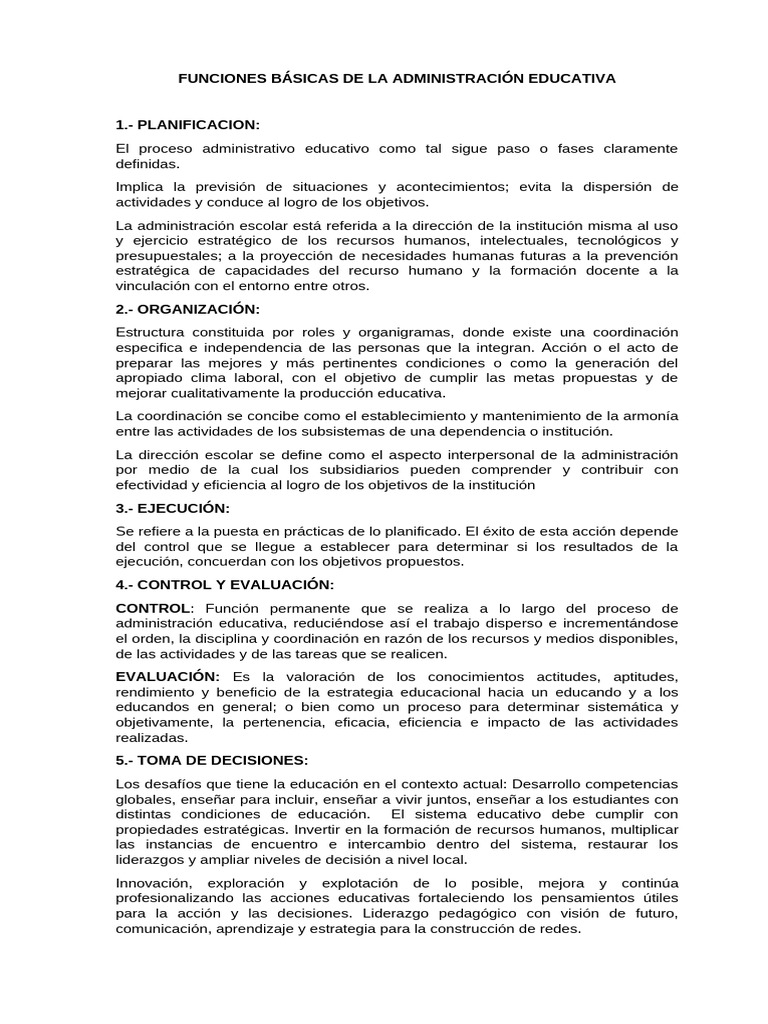 Funciones Básicas de La Administración Educativa | PDF | Gestión de ...