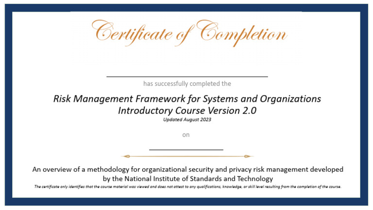 Nist Rmf Introductory Course V2 Completion Certificate Pdf