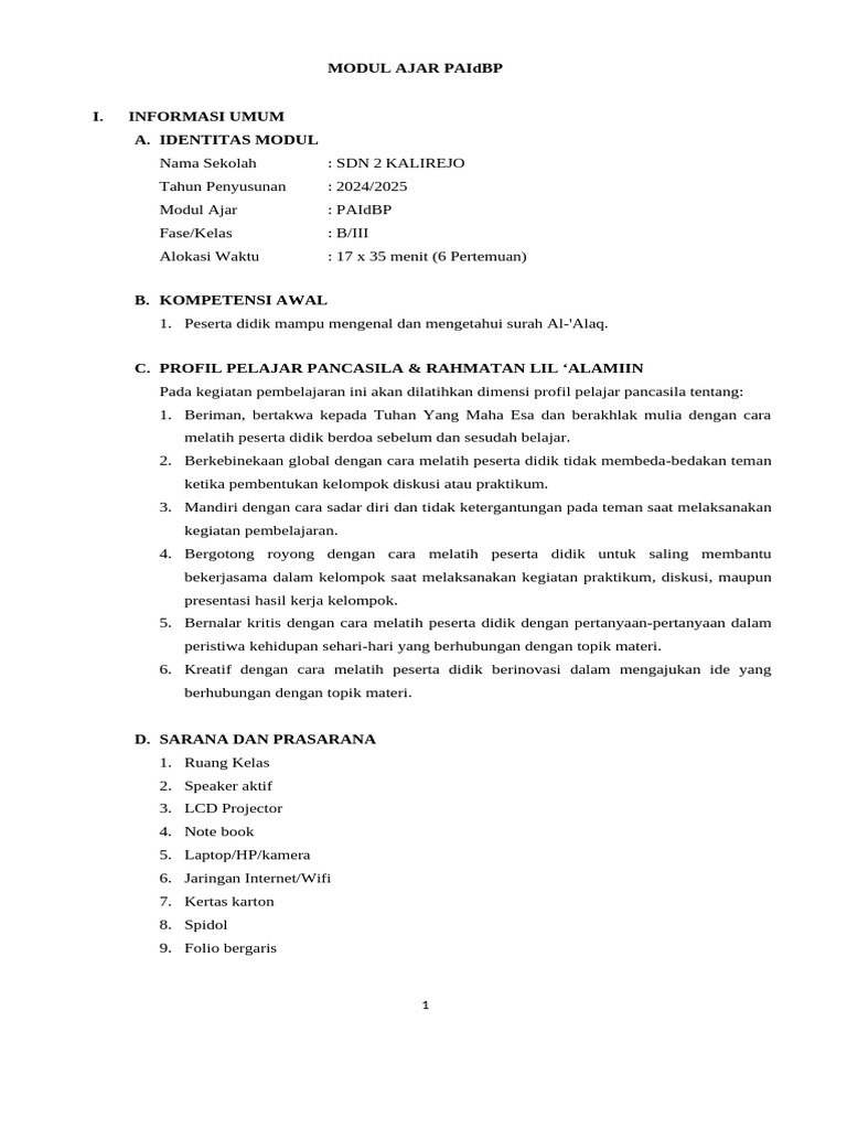 Modul Ajar Paidbp Surah Al Alaq Kelas Iii Pdf