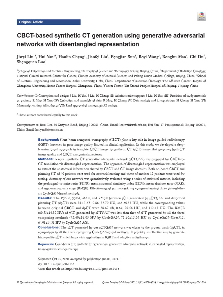 CBCT-based Synthetic CT Generation Using Generative Adversarial | PDF ...