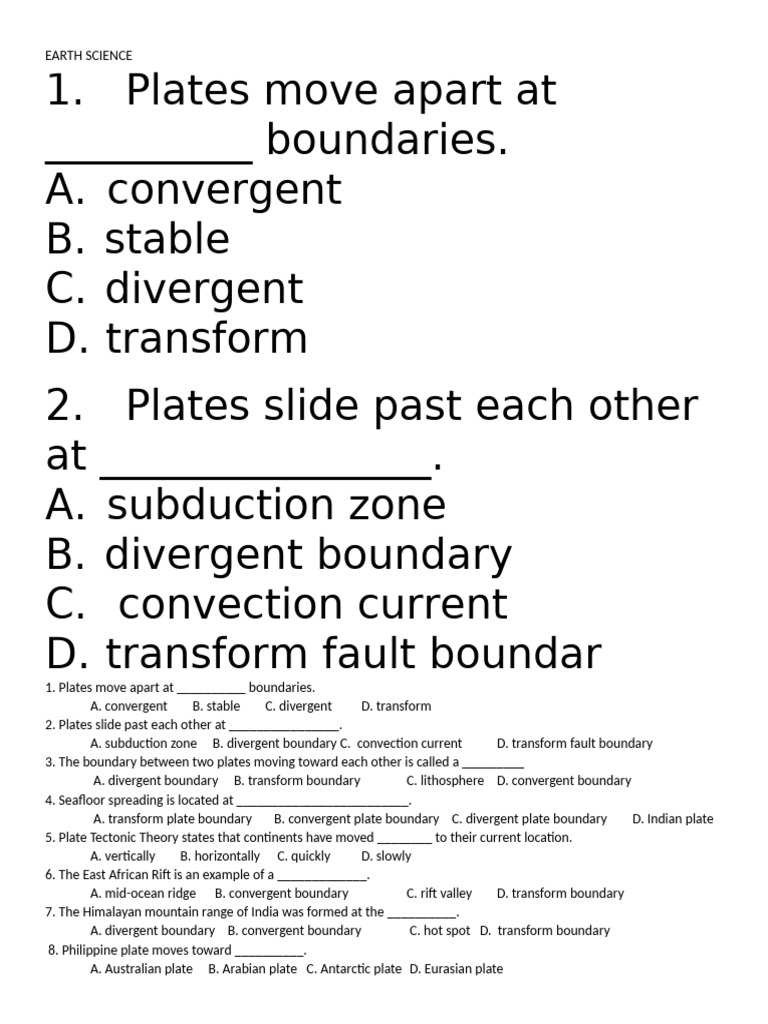 Earth Science - Questions | PDF | Plate Tectonics | Volcano