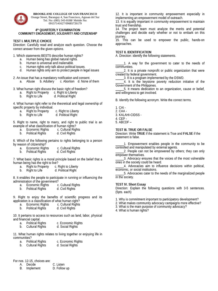 4th QUARTERLY EXAM CESC | PDF | Empowerment | Human Rights