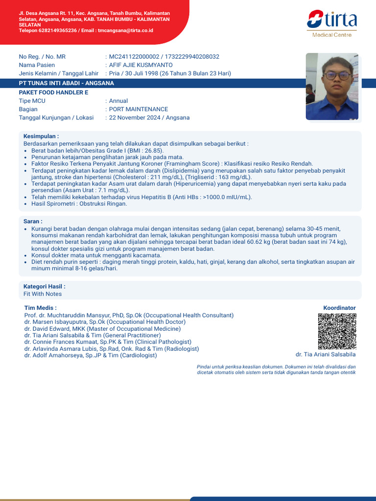 Hasil Pemeriksaan Kesehatan AFIF AJIE | PDF