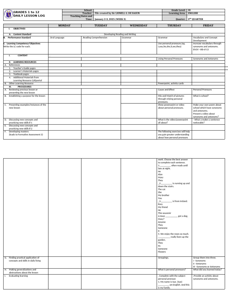Daily Lesson Log for Grade 3 English | PDF | Learning | Linguistics