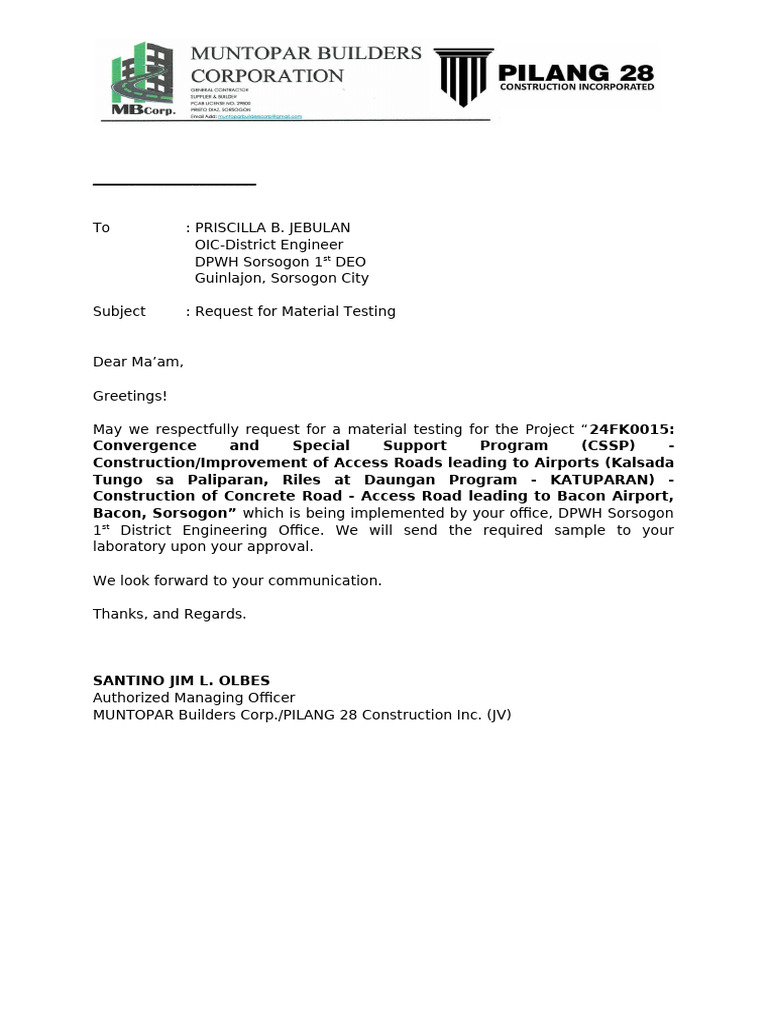 Material Testing Request for Airport Road | PDF