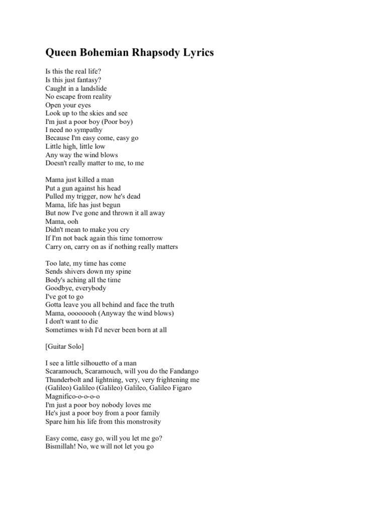 Queen Bohemian Rhapsody Lyrics