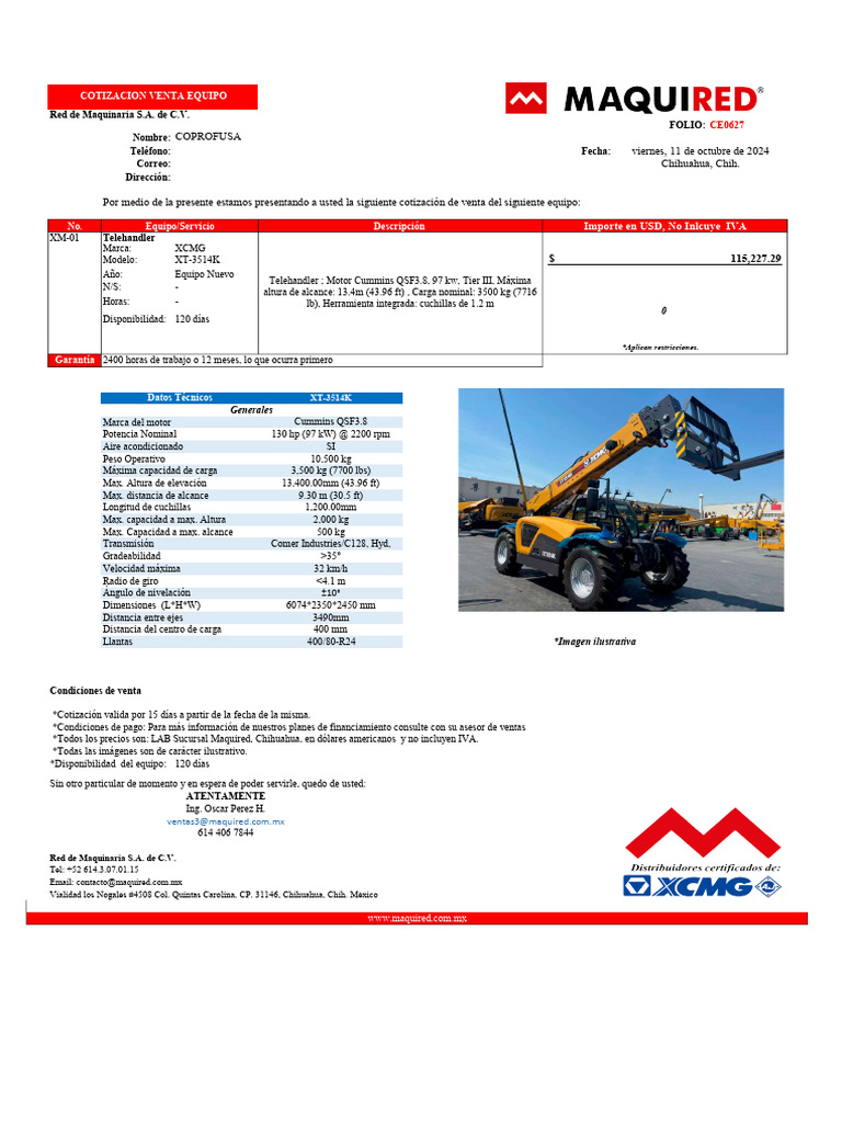 Cotización Telehandler XCMG XT-3514K | PDF | Coche | Vehículo de motor