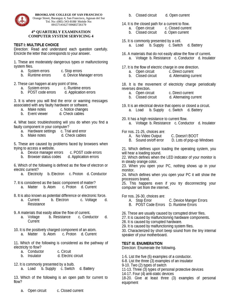 Computer System Servicing Exam Guide | PDF | Electric Current ...