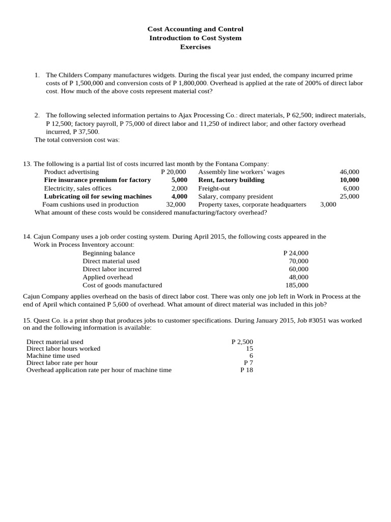 Cost Accounting Exercises Guide | PDF | Economies | Business