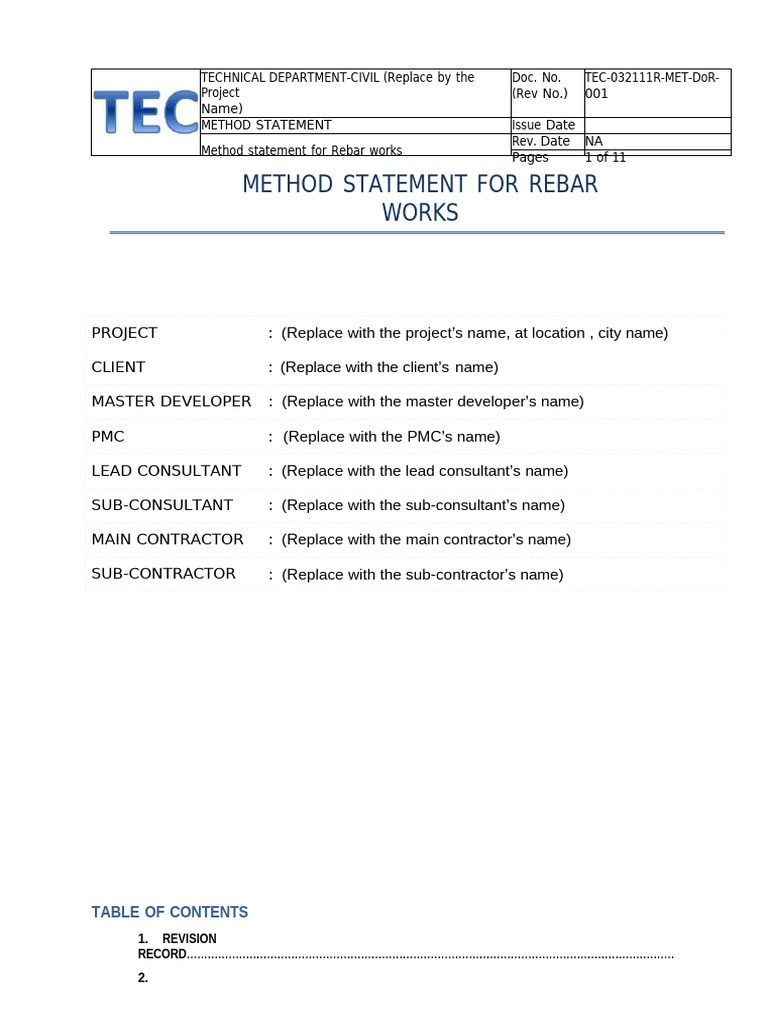 Rebar Works Method Statement | PDF | Building Engineering | Structural ...