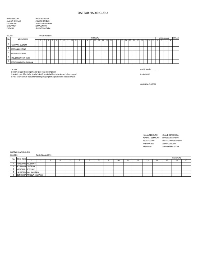 Daftar Hadir Guru Paud | PDF