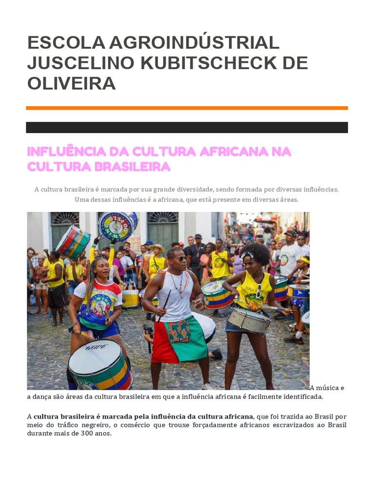Influência da Cultura Africana no Brasil | PDF | Brasileiros | Brasil