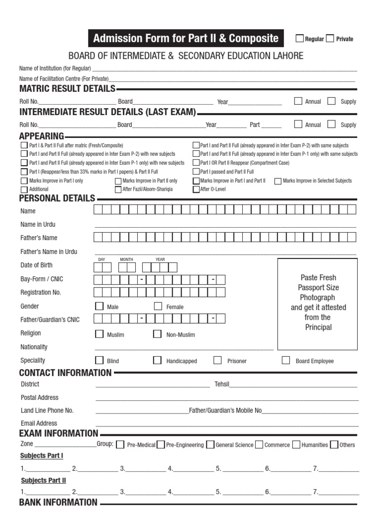 Admission Form for Intermediate Exams | PDF
