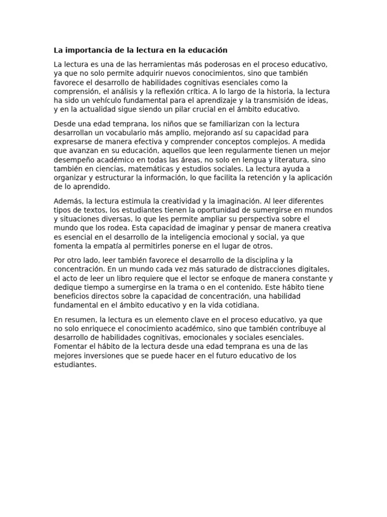 Importancia de la lectura en educación | PDF