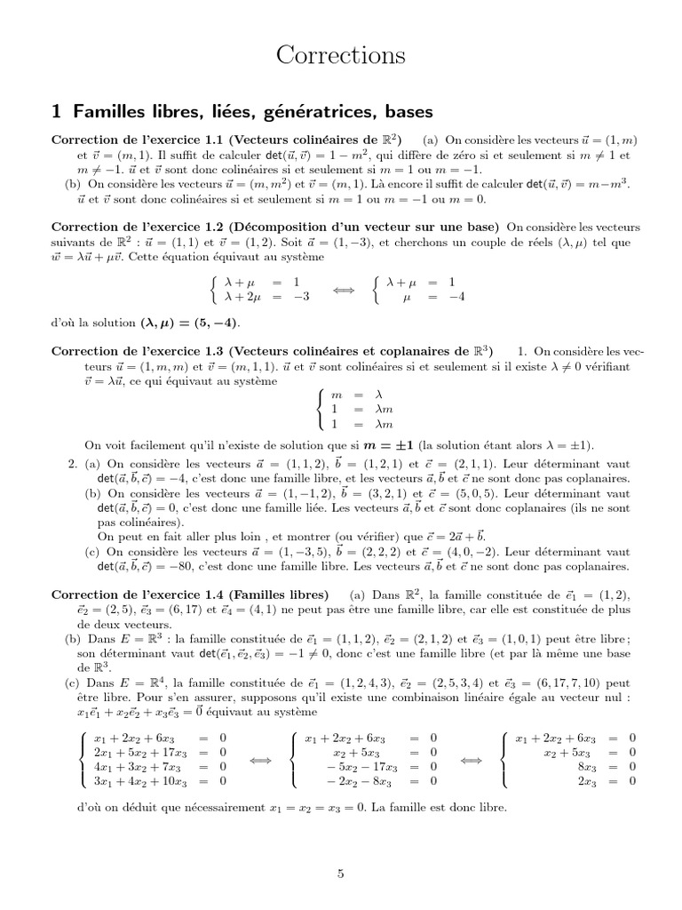 Rang des familles de vecteurs corrigé | PDF | Base (algèbre linéaire ...