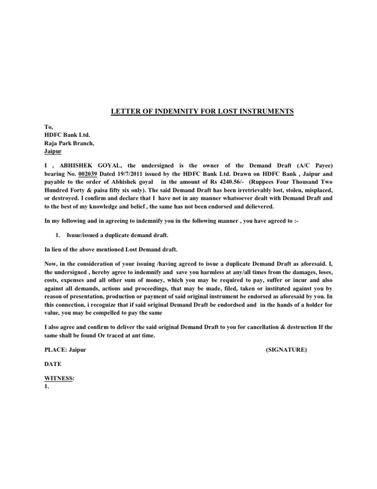 bank draft letter