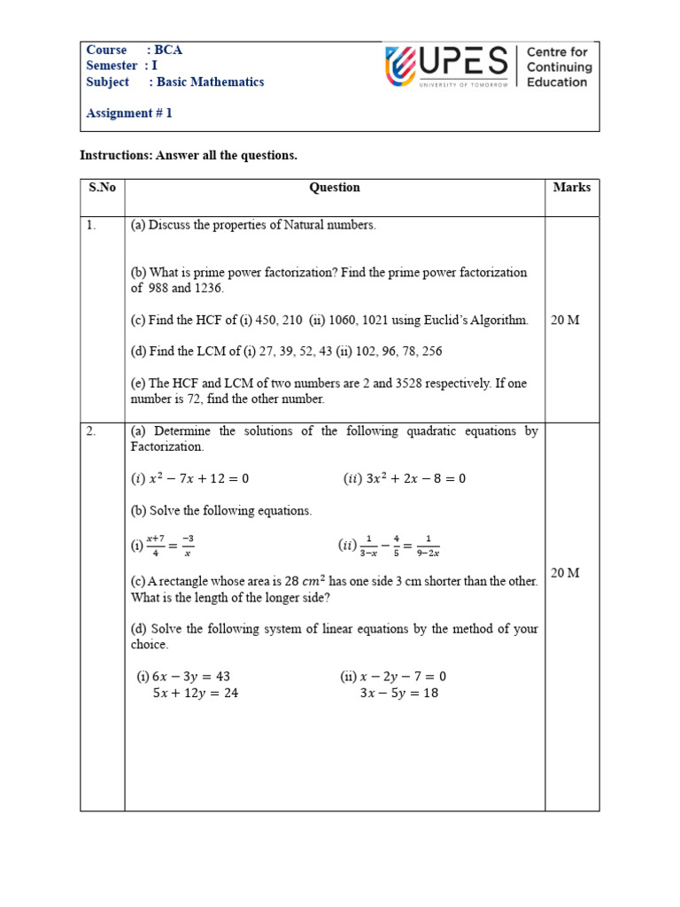 BCA Basic Mathematics Assignment 1 | PDF | Matrix (Mathematics ...