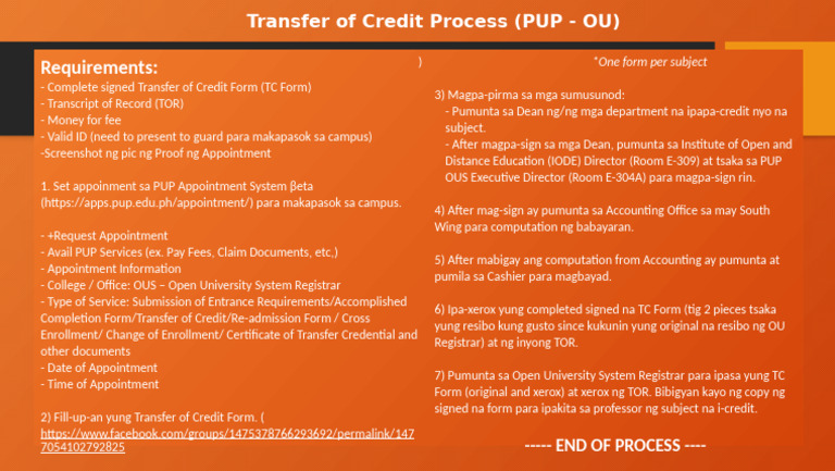 PUP Transfer of Credit Process Guide | PDF