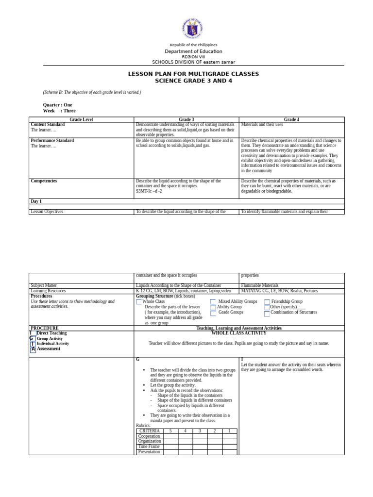 Multigrade Science Lesson Plan: Grades 3-4 | PDF