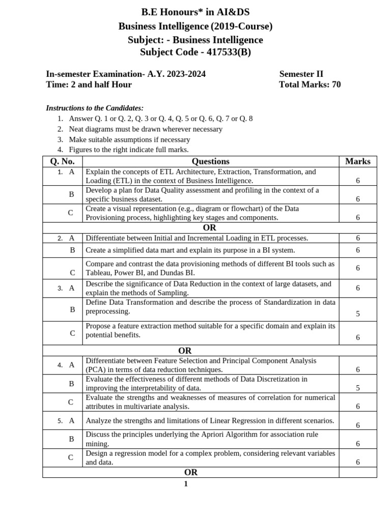 Business Intelligence Exam Paper 2023-24 | PDF | Cluster Analysis ...