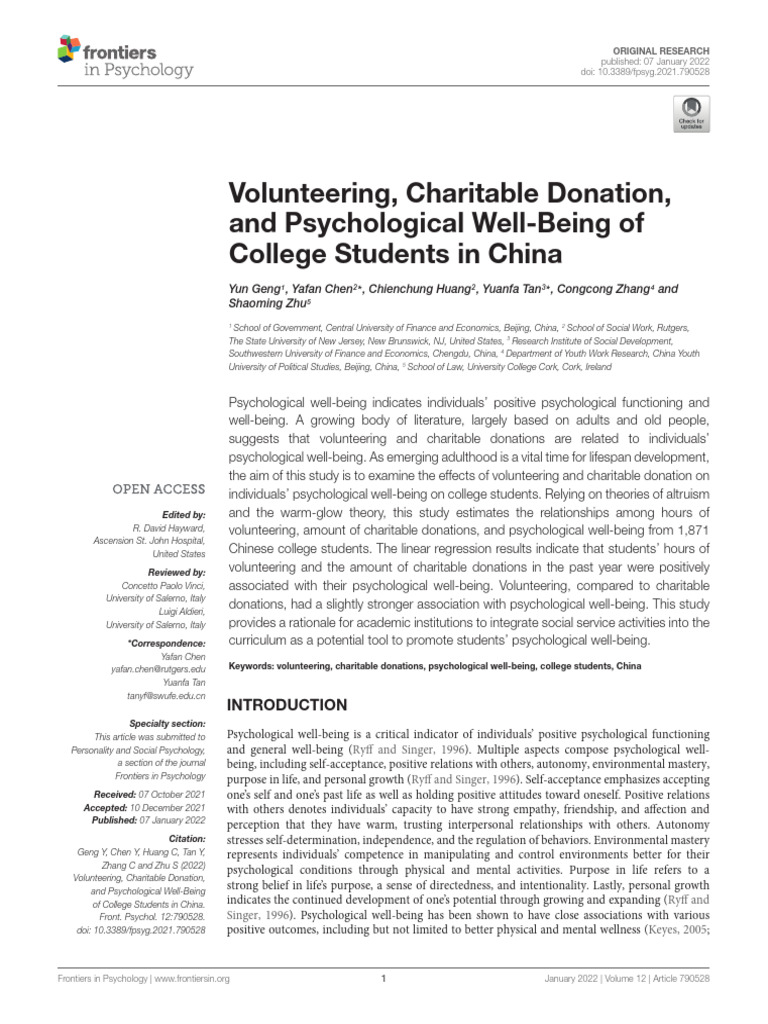 Volunteering and Well-Being in Students | PDF | Psychology | Well Being