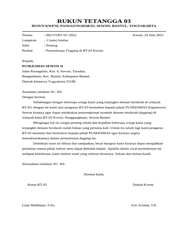 Permohonan Fogging RT.03 Kweni | PDF