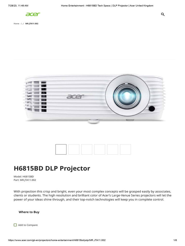 Acer H6815BD Projector Specifications | PDF | Hdmi | Imaging