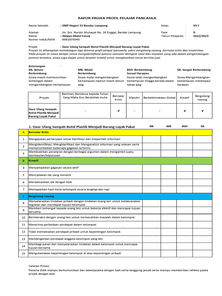 Rapor Kokurikuler SMP 2022/2023 | PDF