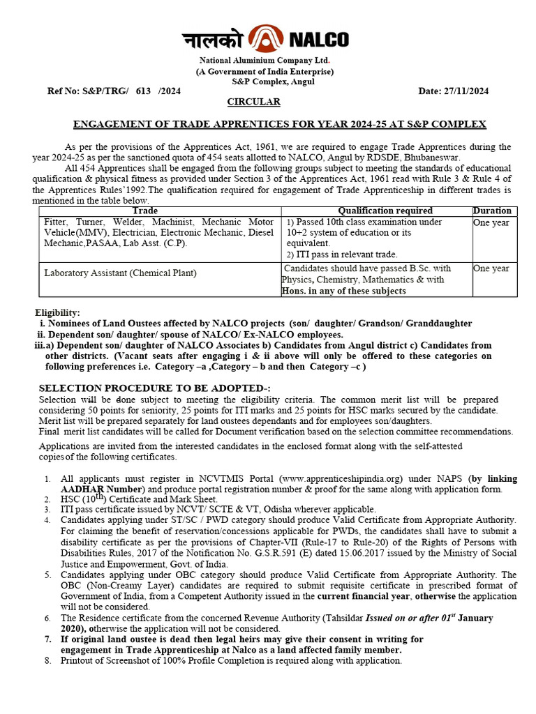 Circular FOR ENGAGEMENT OF TRADE APPRENTICES FOR 2024 25 S&P Complex ...