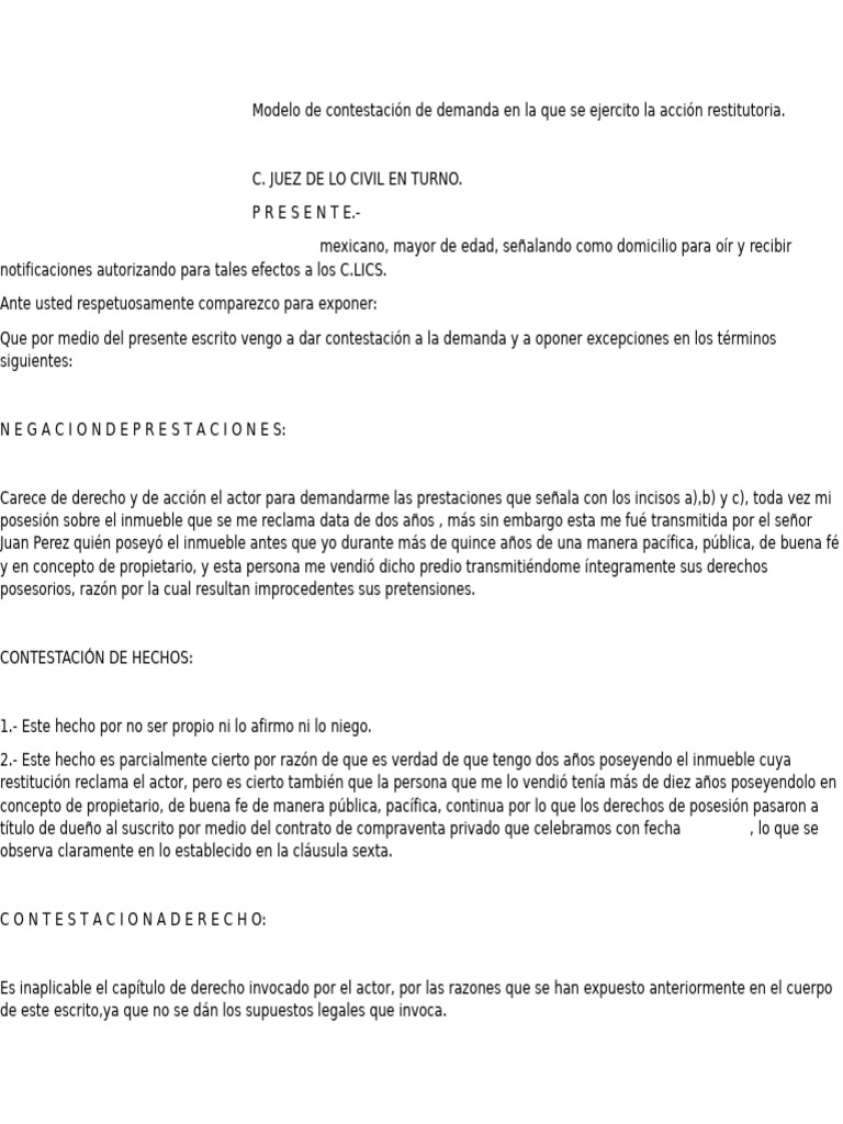 Contestación a Demanda Restitutoria | PDF | Demanda judicial | Estatuto ...