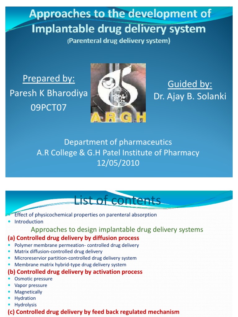 Implantable Drug Delivery System PDF Polymers Osmosis
