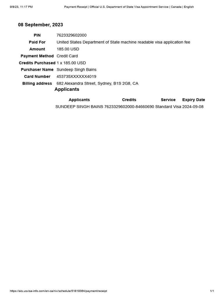 U.S. Visa Appointment Payment Receipt | PDF
