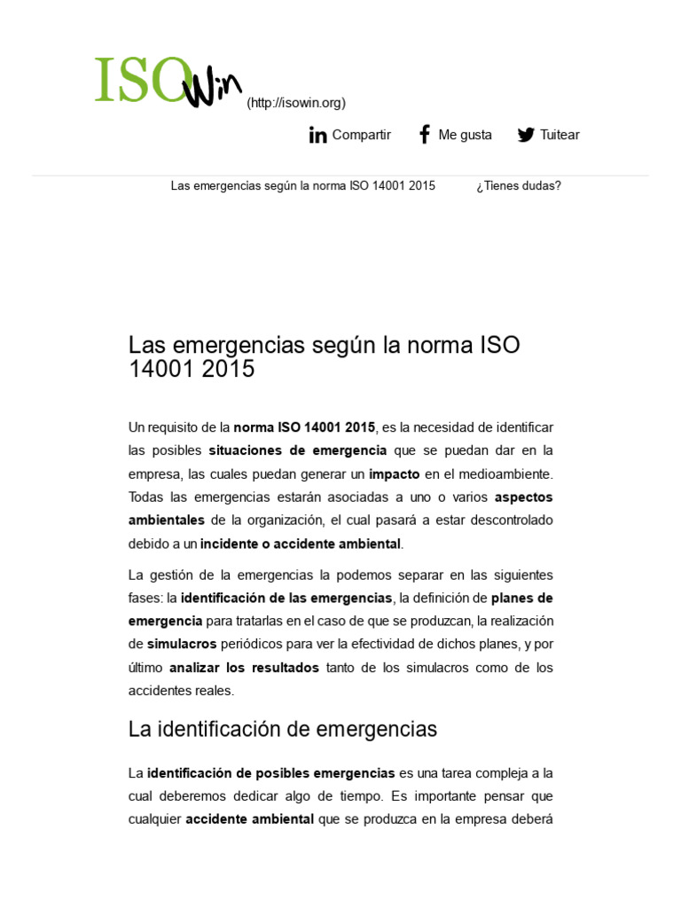 Emergencias según la norma ISO 14001 | PDF | Planificación | Entorno ...