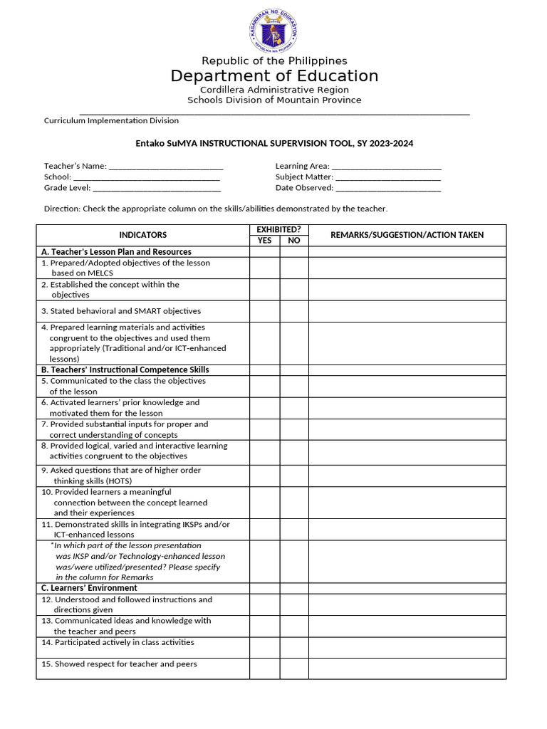 Entako SuMYA Instructional Supervision Tool | PDF | Learning | Teachers