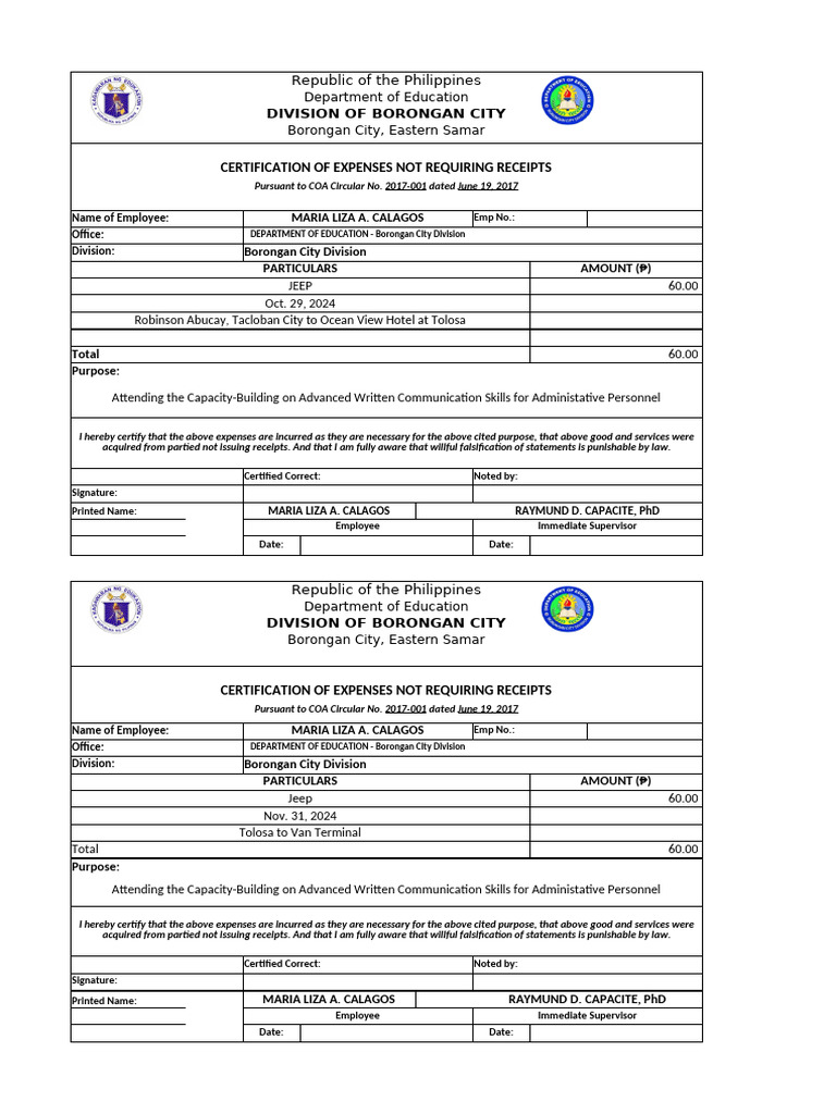 Certificate of Expenses Not Requiring Receipts | PDF | Philippines
