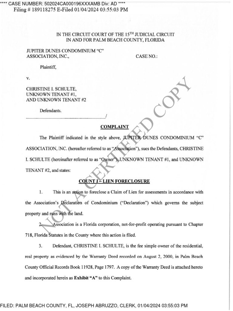 Jupiter Dunes Condo Lien Foreclosure Case | PDF | Foreclosure | Complaint