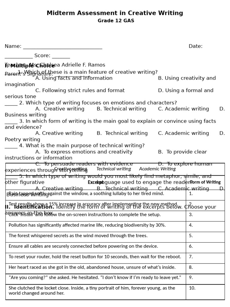 Grade 12 Creative Writing Midterm Assessment | PDF | Poetry