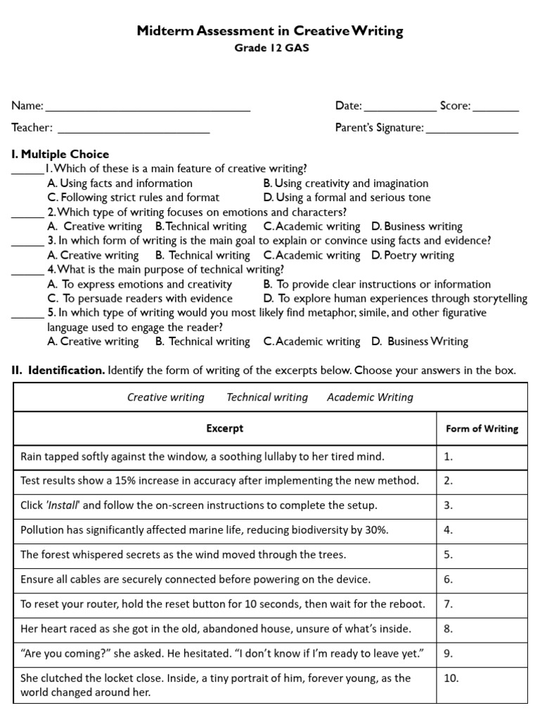 Grade 12 Creative Writing Midterm Assessment | PDF | Poetry | Creative ...