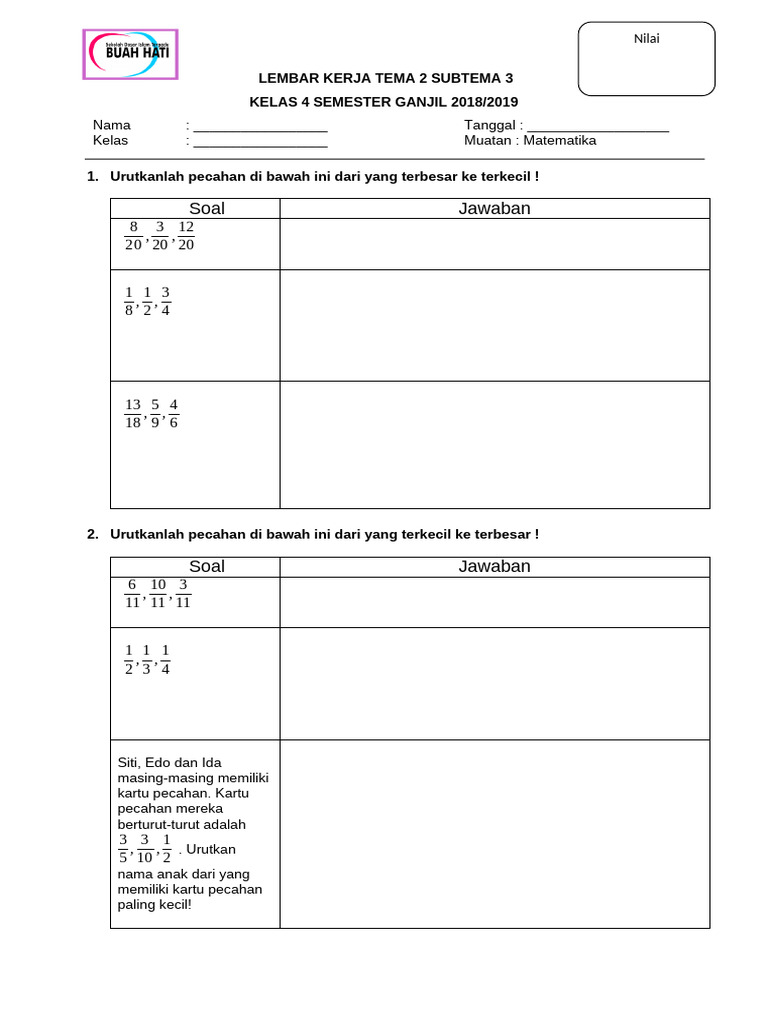 Urutan Pecahan Matematika Kelas 4 | PDF