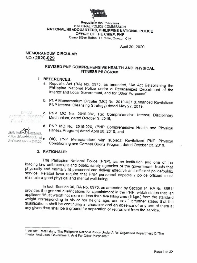 Pnp-mc-2020-029 Revised PNP Health and Physical Program | PDF