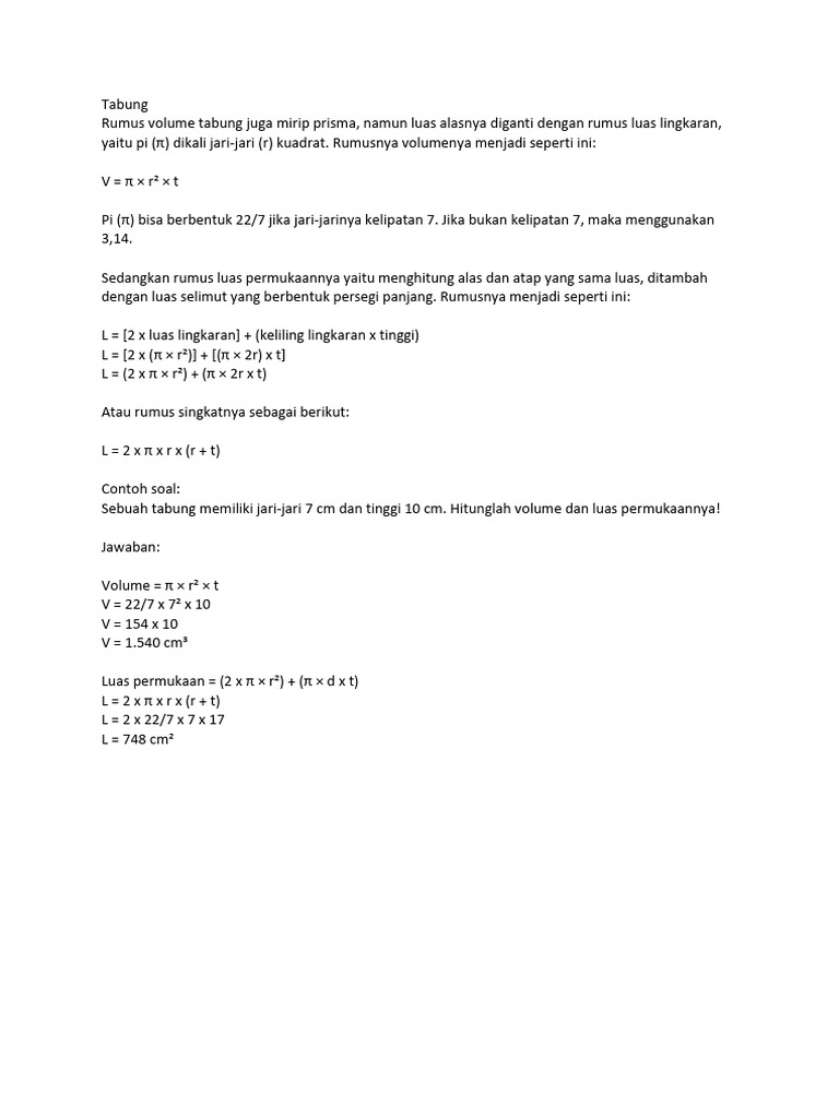 Rumus Volume dan Luas Tabung | PDF