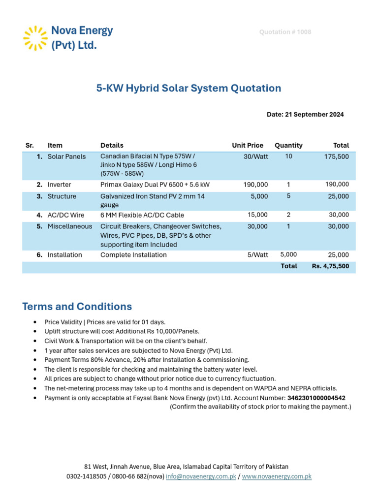 5KW Hybrid Solar System Quotation | PDF | Power Inverter | Electric Power