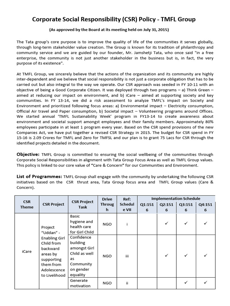 TMFL Group CSR Policy Overview | PDF | Corporate Social Responsibility